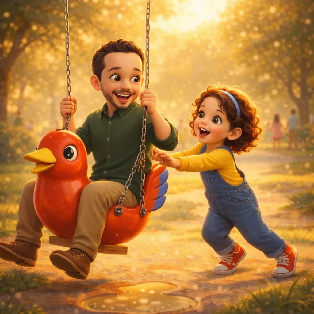 Una niña y su papá en una escena ilustrada de un cuento, leyendo juntos