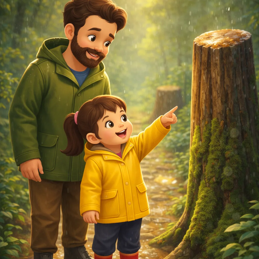 A father and his young daughter walking a woodland path together at golden hour