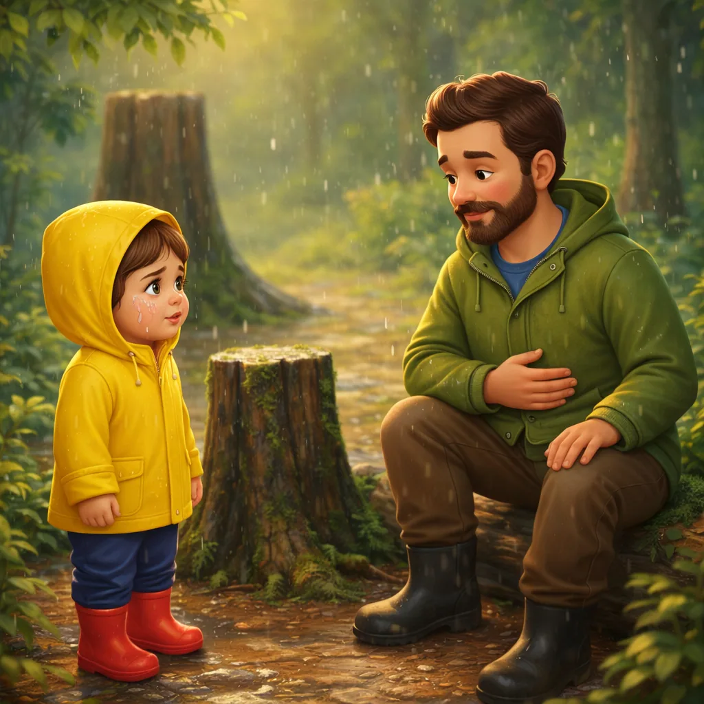 A father crouching to a child's eye level, listening